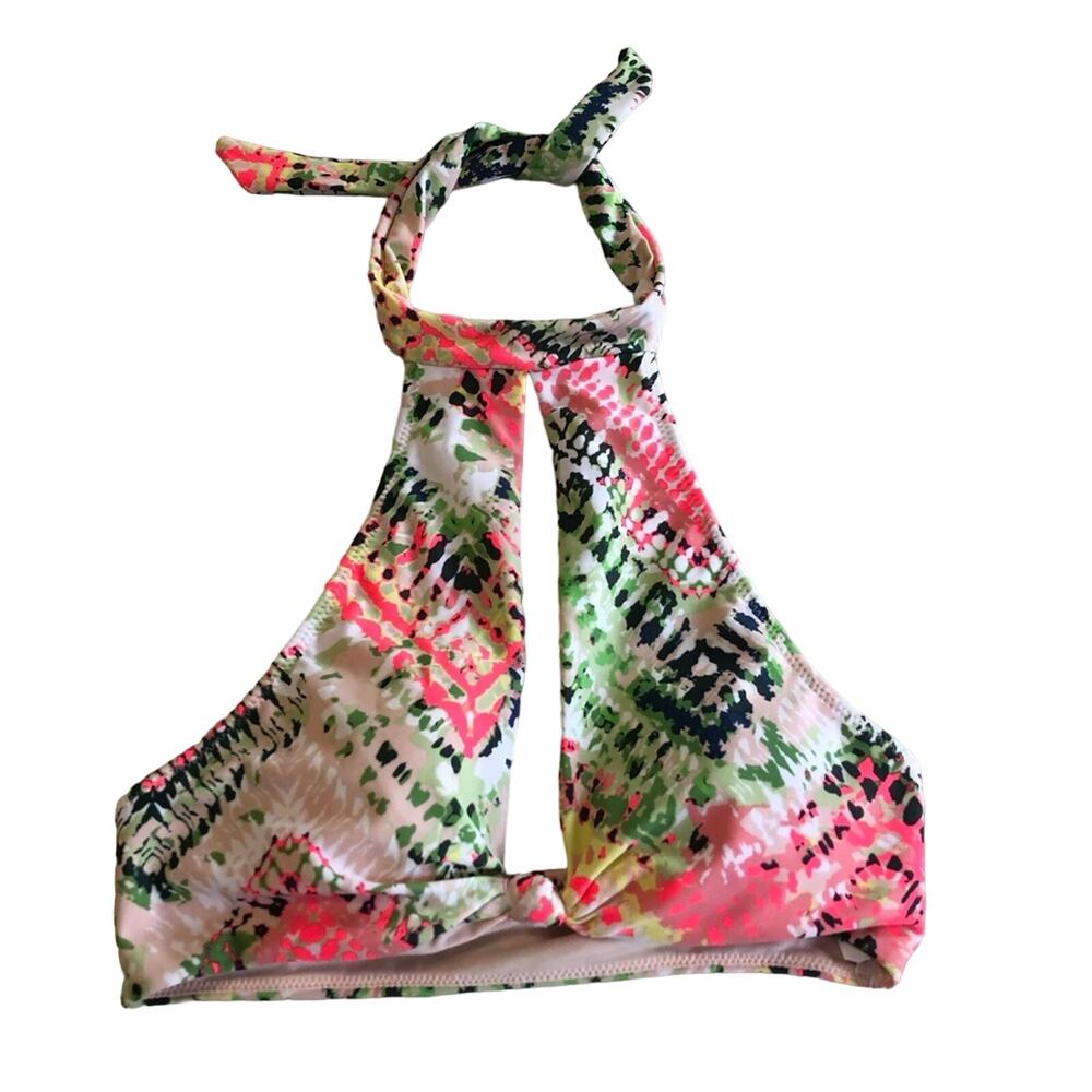 NEW aerie cut out pink green halter geometric pattern bikini top retro style Med